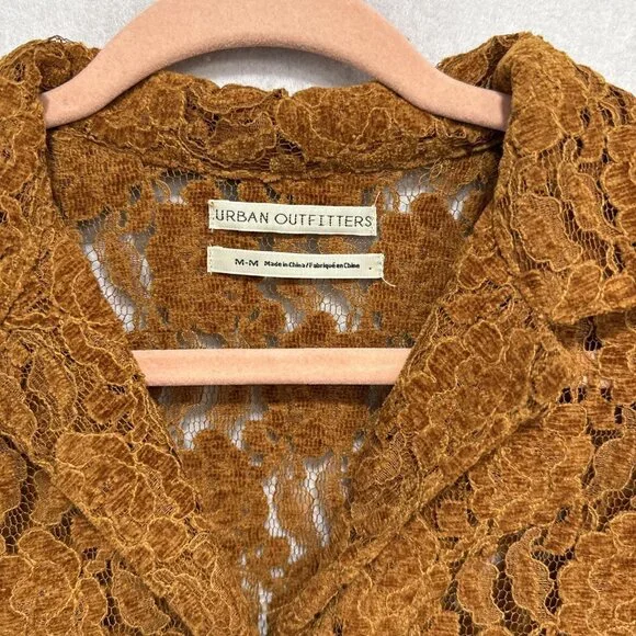 Urban Outfitters Shirt Womens Medium Brown Lace Cropped Button Short Sleeve - Picture 4 of 10